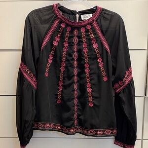 EUC Elegant Black Blouse with Pink Embroidery